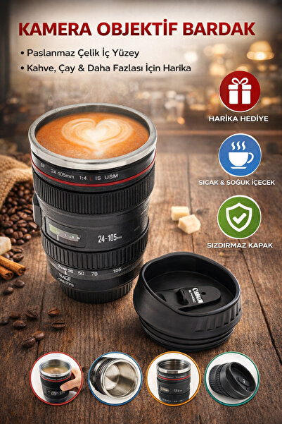 MUJGAN Objektif Görünümlü Lens Çelik Kupa Kahve Ve Çay Termosu