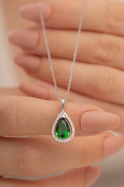 OSMANLI GÜMÜŞ Gümüş Kadın Kolye Damla Zümrüt Zirkon Taşlı Kolye