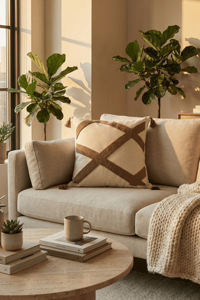 Destiva Home غطاء وسادة من القطن مطرز بخطوط متقاطعة وشراشيب من رينلي، مقاس 42...