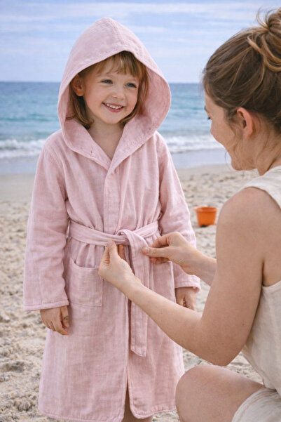 Miespiga Halat de baie pentru copii din muselină din bumbac cu glugă roz - Plajă