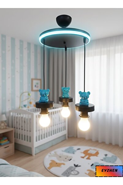 Eyzhen Bebek/Çocuk Odası El Yapımı Taş Mavi Ayıcık Figürlü Neon Ledli 3'lü Sa...