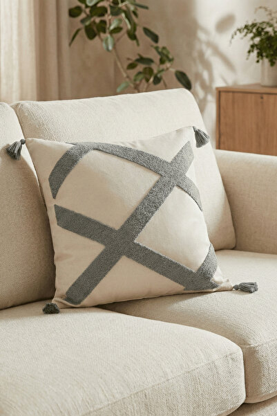 Destiva Home غطاء وسادة من القطن مطرز بخطوط متقاطعة وشراشيب من رينلي، مقاس 42...