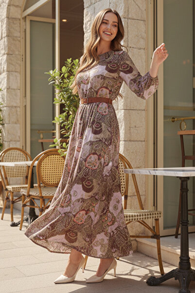 benguen Patterned Belted Dress Khaki 4830