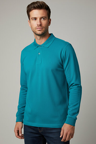Çapıt %100 Pamuk Polo Yaka Uzun Kollu Koyu Turkuaz Okul/günlük Tişörtü