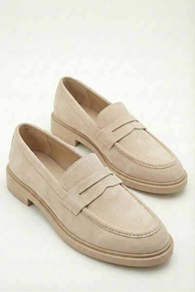 Shoesers Kadın Sade Ve Şık Stradi Bantlı Bej Süet Loafer Makosen