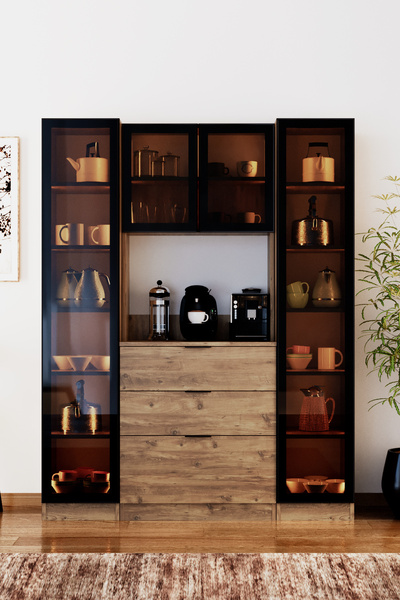 Evdemo Sierra Temperli Cam 4 Kapaklı Ledli Kahve Köşesi Mutfak Kiler Dolabı Çam