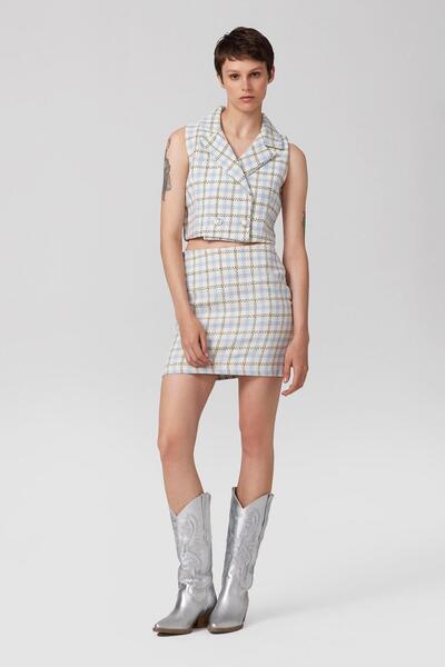 PARKhande Şanel Crop Yelek Mini Etek Takım - Mavi