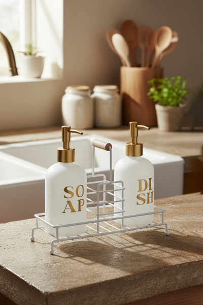 Rakle Stark White Metal Wooden Handle Stand Set of 2 Liquid Soap Dispenser Wh...