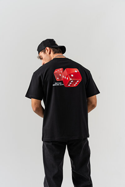 BORZ تي شيرت رجالي أسود اللون مطبوع عليه نقشة مكعبات النرد، ذو تصميم كبير الح...
