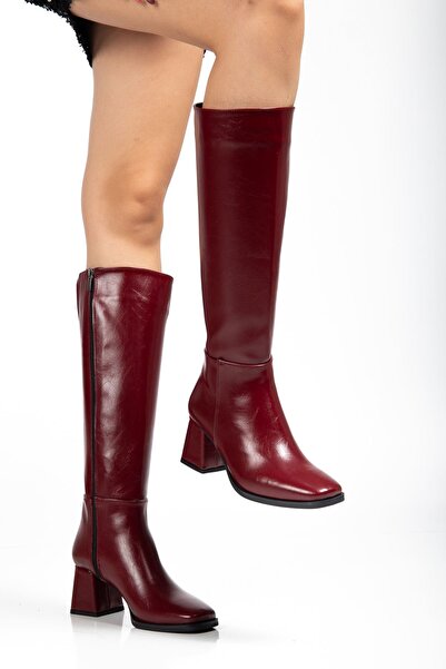 Zerenyus حذاء نسائي طويل بسحّاب وكعب سميك باللون الأحمر الداكن