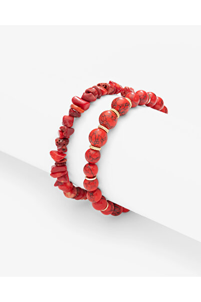 TARZ-I TAKI (İKİ BİLEKLİK) Doğal Taş Kırmızı Mercan Taşı Altın Kaplamalı Kadı...