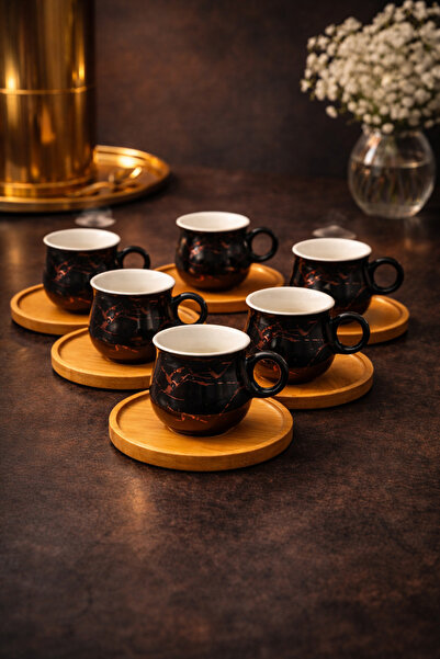 YzHome 6 Kişilik 12 Parça Siyah Porselen Bambu Tabaklı Kahve Fincan Takımı Se...