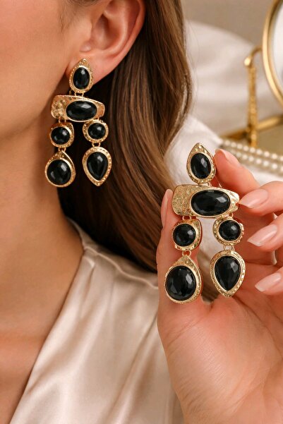 mos&more Marka Model, Gold Siyah Sallantılı Büyük Küpe