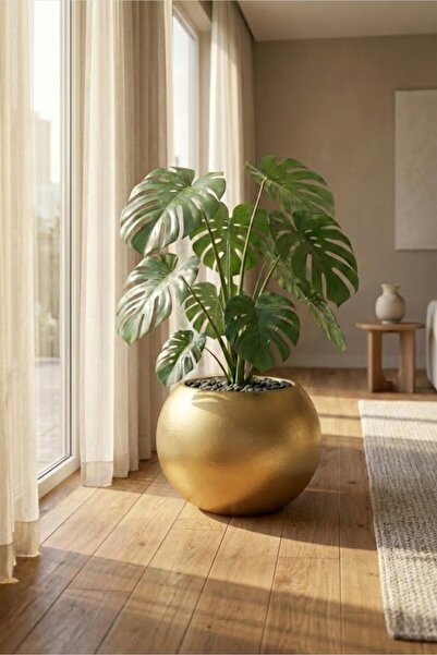 SAMAT Gold Renkli Küre Dekoratif Fiber Saksı 40cm X 35cm