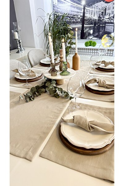Decamor home Keten Dokulu Bej Amerikan Servis Ve Runner Set 6 1