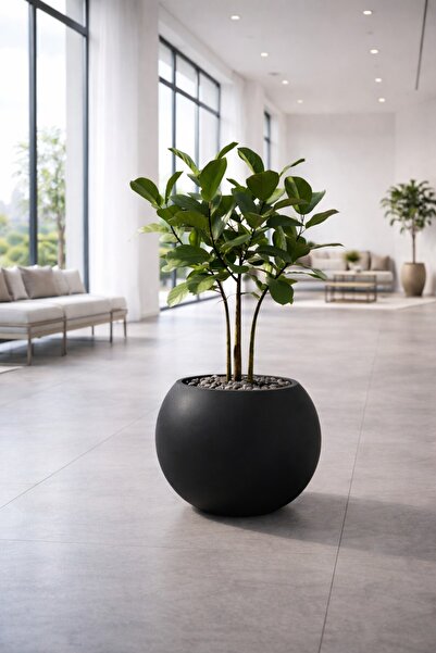 SAMAT Siyah Renkli Küre Dekoratif Fiber Saksı 40cm X 35cm