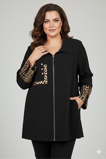 elma abone Plus Size Super Quality Zippered Leopard Detail Shirt Bluse