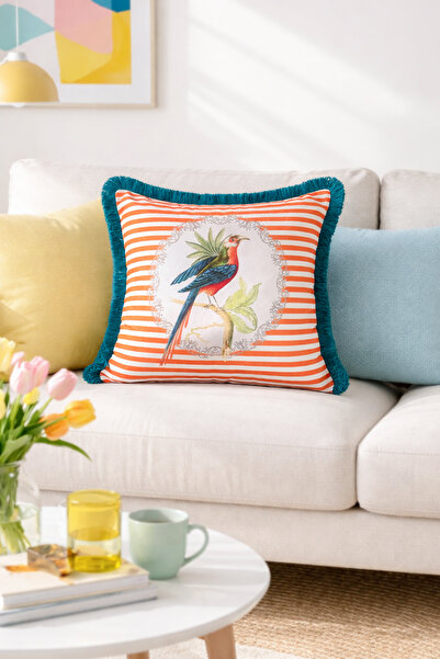 RİTMOHOME Kuş Desenli Püsküllü Vintage, Country, Iskandinav, Bohem 50x50 Deko...