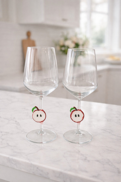 ADAMODART Kırmızı Elma Dilim Murano El Yapımı Cam Kadeh 2'li Set