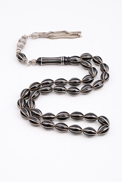 DIVA STONES Gümüş İşlemeli Erzurum Oltu Tesbih Arpa Kesim