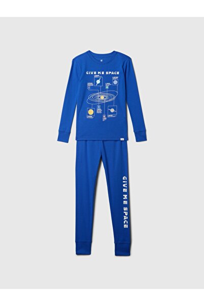 GAP Erkek Çocuk Mavi %100 Organik Pamuk Ekose Desenli Pijama Takımı