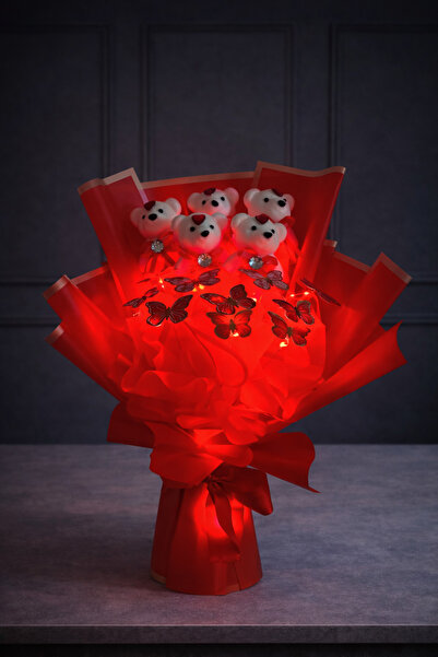 Store Led Işıklı Kelebekli Ayıcıklı Kırmızı Çiçek Buketi Sevgililer Günü Doğu...