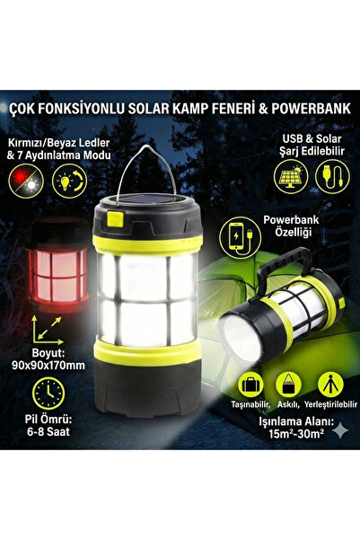 nelerbulurum Şarjlı ve Güneş enerjili 7 Aydınlatma Modlu kırmızı/beyaz ışıklı...