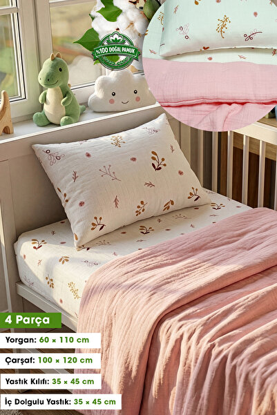 Yada Baby %100 Pamuk Müslin Kumaştan 4 Parça Yeni Doğan Bebek Yorganı Seti 60...