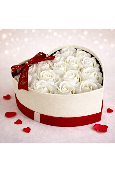 velve White Love floral arrangement heart box with 15 soap roses, White