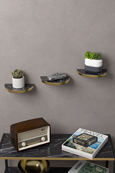 Kanonik Education Wall Shelf Decorative 3 Pieces Flower Pot Oval Gold Bendir