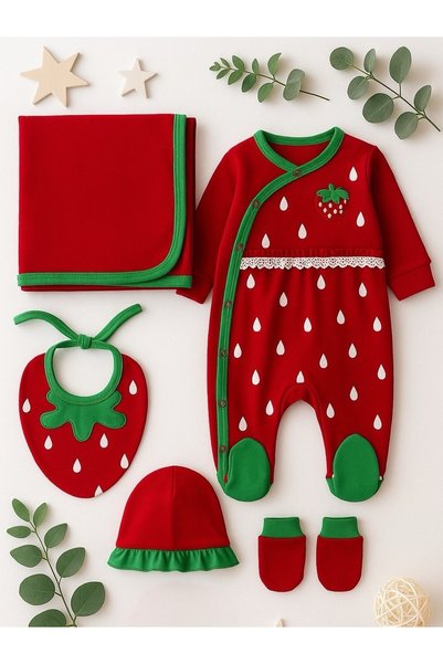 mandalinsbaby Çilek Detaylı %100 Pamuk Kız Bebek 5'li Hastane Çıkışı