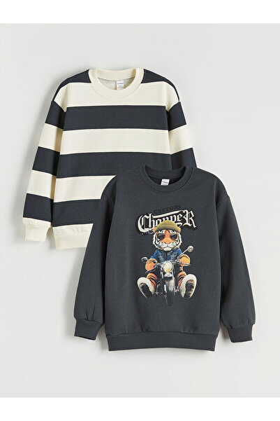 LC Waikiki Two Mt Shop Quality Lcw Kids Anthracite 3 Thread Ribbed Striped St...