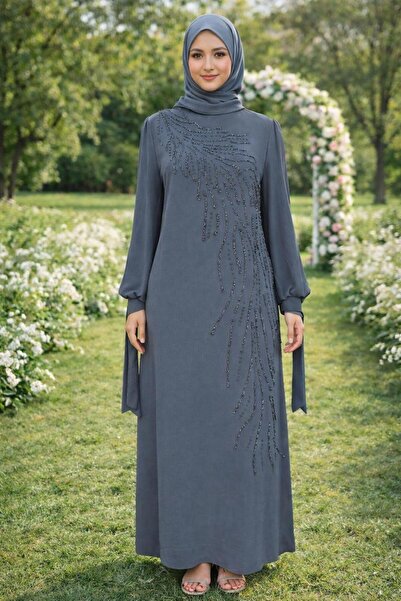 TRENDTESETTÜR KADIN GRİ (ANTRESİT) TAŞLI ABİYE ELBİSE T 9063