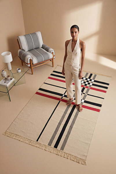 Cool Halı Lovely Beige Kilim Machine Washable Double-Sided Woven Acrylic Thin...