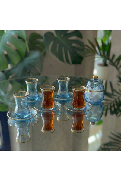Elta Collection طقم شاي زجاجي مطلي بالذهب الأزرق اللامع مكون من 13 قطعة - طقم شاي لـ 6 أشخاص مع وعاء سكر كهدية