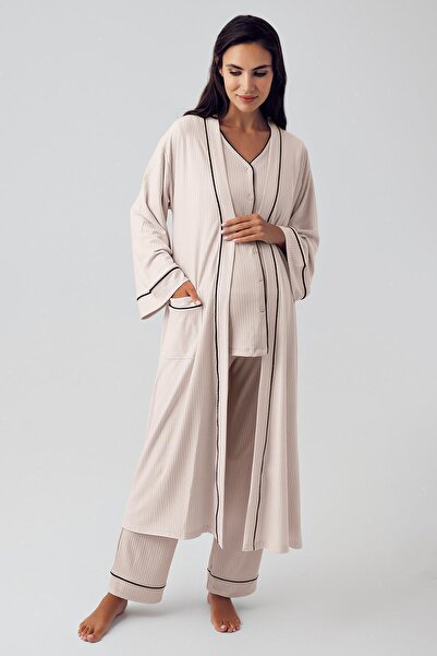 Artış Düğmeli Uzun Kollu Esnek Viskoz Hamile Sabahlık Pijama Takımı