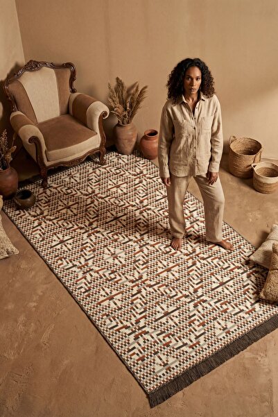 Cool Halı Lovely Orange Kilim Carpet Double-Sided Machine Washable Summer Mod...