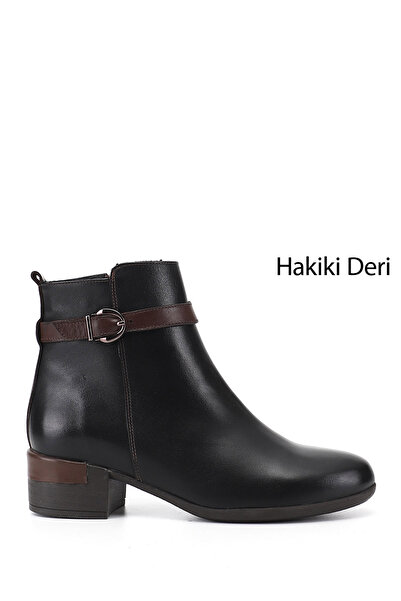 GÖNDERİ(R) Women's Black Zippered Thick Heeled Genuine Leather Boots