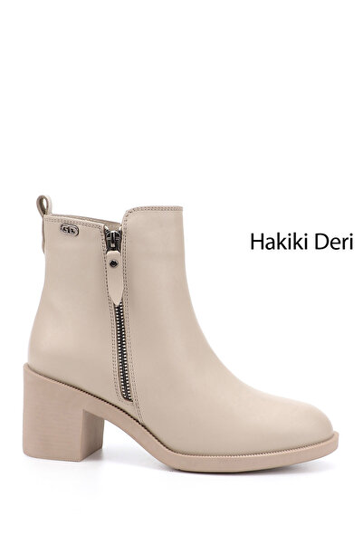 GÖNDERİ(R) Women's Beige Zippered Thick Heeled Genuine Leather Boots