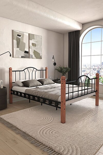 ARGİMO Pasifik Çift Kişilik Ferforje Ahşap Metal Karyola Siyah