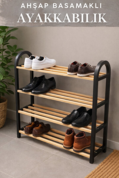 Penthouse Natural Ahşap Çubuklu Masif Ayakkabılık, 8 Kişilik Ayakkabı Organizer