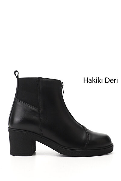 GÖNDERİ(R) Kadın Siyah Fermuarlı Kalın Topuklu Hakiki Deri Bot
