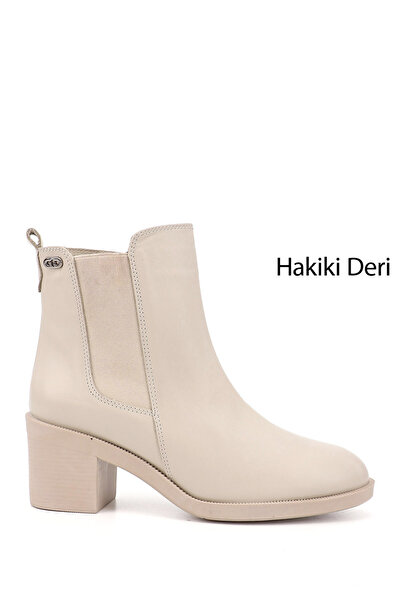 GÖNDERİ(R) Women's Beige Zippered Thick Heeled Genuine Leather Chelsea Boots