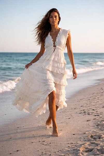 mirandalya Geniş Yaka Fırfır Detaylı Uzun Bohem % Pamuk Krem Elbise