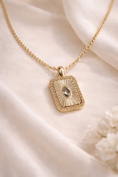 Glowy&Co. Aura Dikdörtgen Taşlı 14K Altın Rengi Kararmaz Çelik Kolye