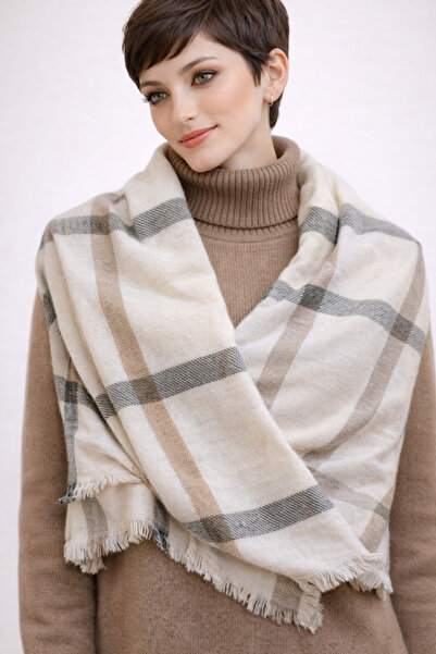 KRAFTELLA Krem Bej Ekose Yün Omuz Şalı | Yumuşak Dokulu Kışlık Şal