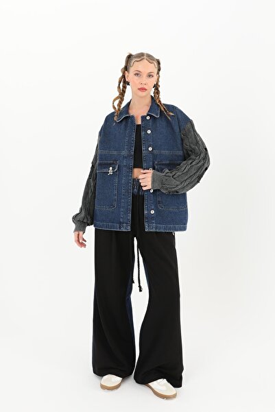 Soul سترة نسائية من قماش الدنيم بأكمام تريكو -32041CKT - ANTHRACITE-BLUE