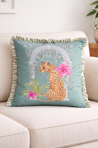 RİTMOHOME Leopar Desenli Fırfırlı Country, Iskandinav, Bohem 50x50 Dekoratif ...