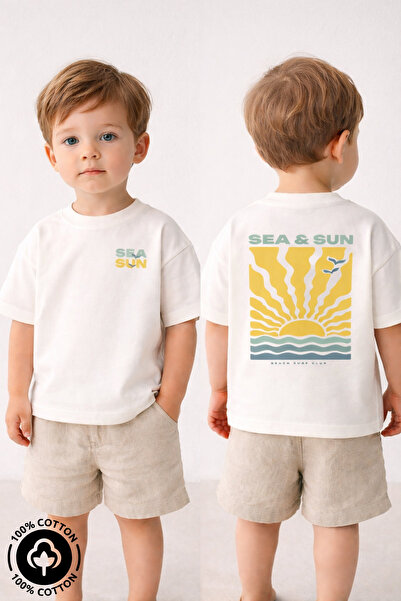 Miniel Unisex Crew Neck Sea Sun Printed 100% Cotton Oversize T-Shirt Baby-Child