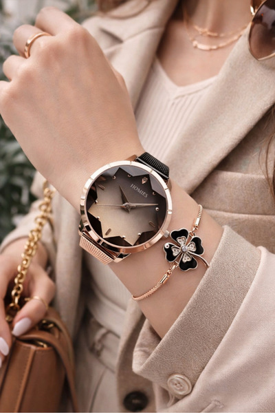 Homies Kadın Kol Saati ve Bileklik-Rose Gold ve Siyah Şık Tasarım Sevgililer ...